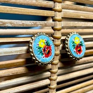 Vintage Italian Micro Mosaic Floral Screw Back Earrings Red and Yellow Flower